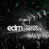 Promotional graphic for EDMHouseNetwork's 10-year anniversary celebration, showing a large crowd at a festival stage with green confetti falling.