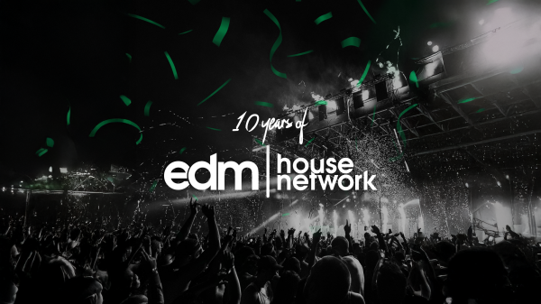 Promotional graphic for EDMHouseNetwork's 10-year anniversary celebration, showing a large crowd at a festival stage with green confetti falling.