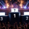 A dramatic festival night scene showing a three-position winner's podium numbered 1, 2 and 3 in front of a massive crowd, with fireworks and stage lighting exploding in the sky above, and a question mark on the first place screen — illustrating the ranking of the best DJ coaching programmes of 2026.