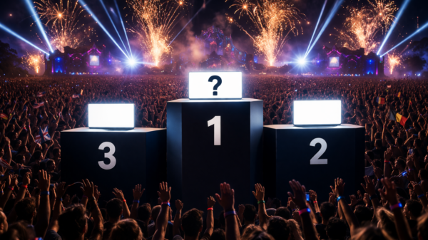 A dramatic festival night scene showing a three-position winner's podium numbered 1, 2 and 3 in front of a massive crowd, with fireworks and stage lighting exploding in the sky above, and a question mark on the first place screen — illustrating the ranking of the best DJ coaching programmes of 2026.